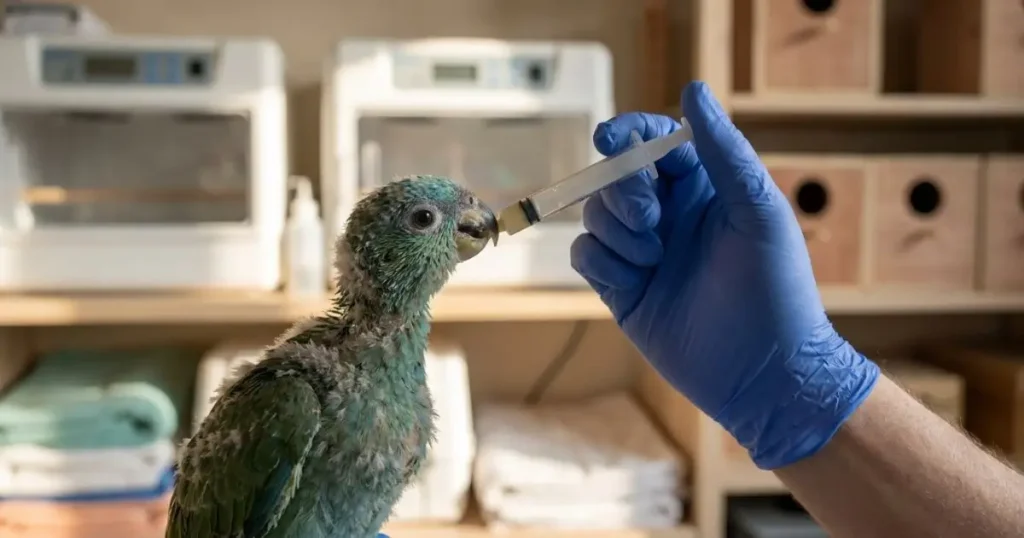 Blue Fronted Amazon parrot breeder feeding baby bird illustrating price differences based on care and breeding quality