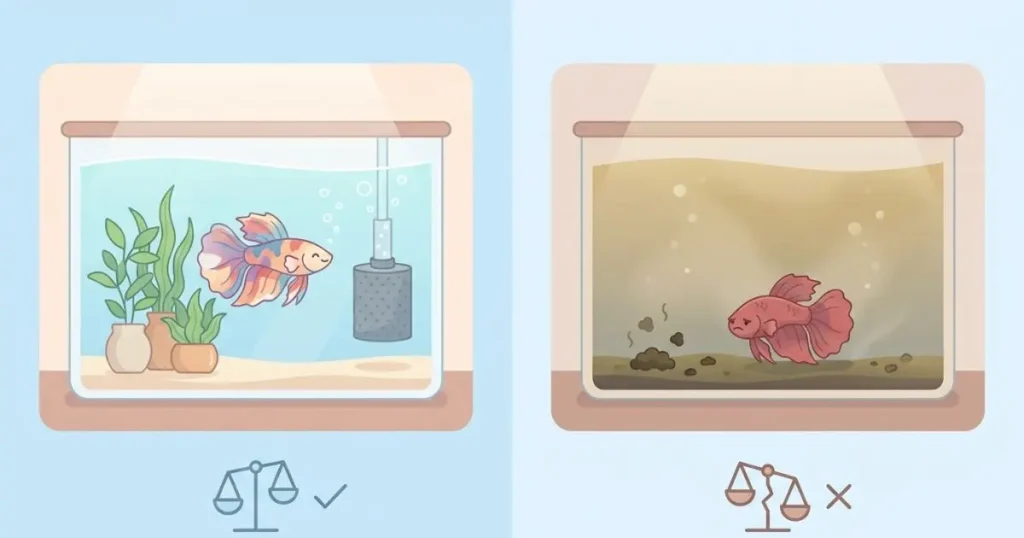 betta fish tank with filter vs without filter comparison showing clear water healthy fish and dirty water stressed fish