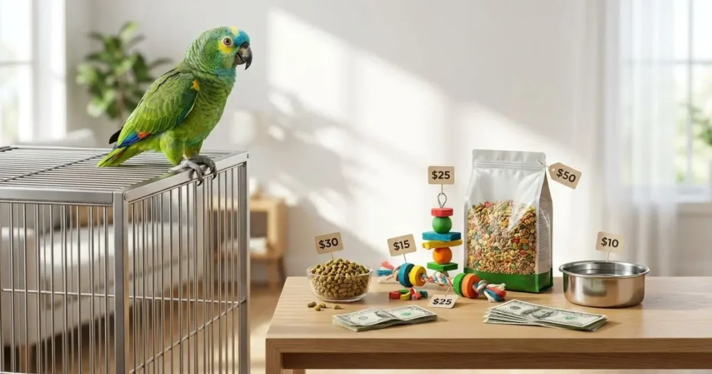 Blue Fronted Amazon parrot cage setup with perches and toys