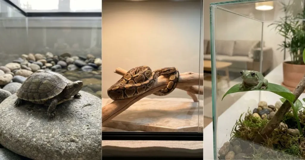 pet reptiles and amphibians including turtle snake and frog in home terrariums