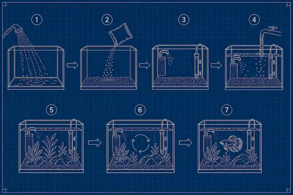 betta fish tank setup step by step showing substrate filter heater water plants and cycling process
