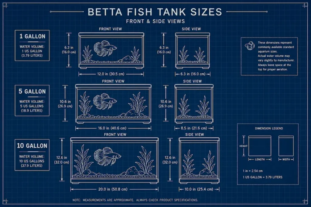 betta fish tank size comparison blueprint showing 1 gallon 5 gallon and 10 gallon aquariums