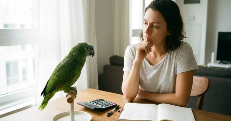 Person budgeting the cost of owning a Blue Fronted Amazon parrot with calculator and notebook