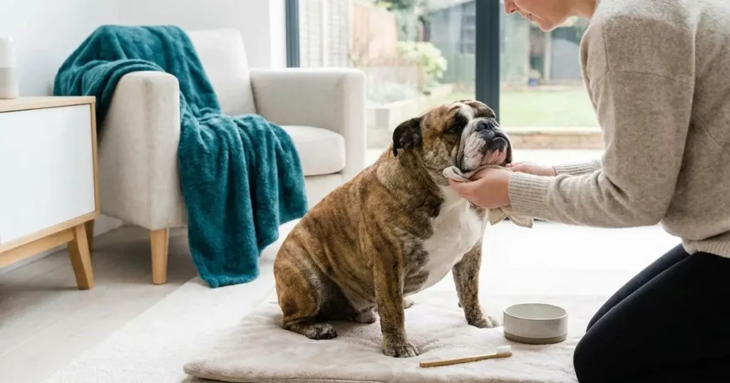 bulldog daily care owner cleaning face and monitoring health