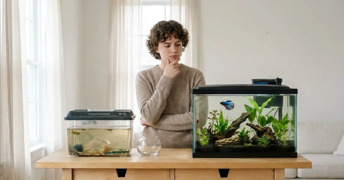 person choosing between small and large betta fish tank size