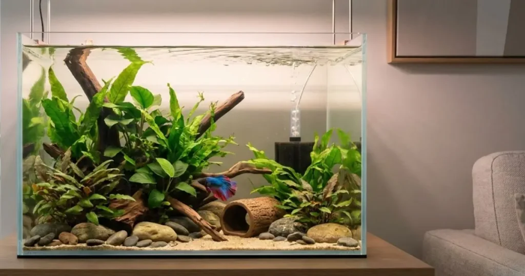 ideal betta fish tank setup with plants and hiding spots for stress reduction