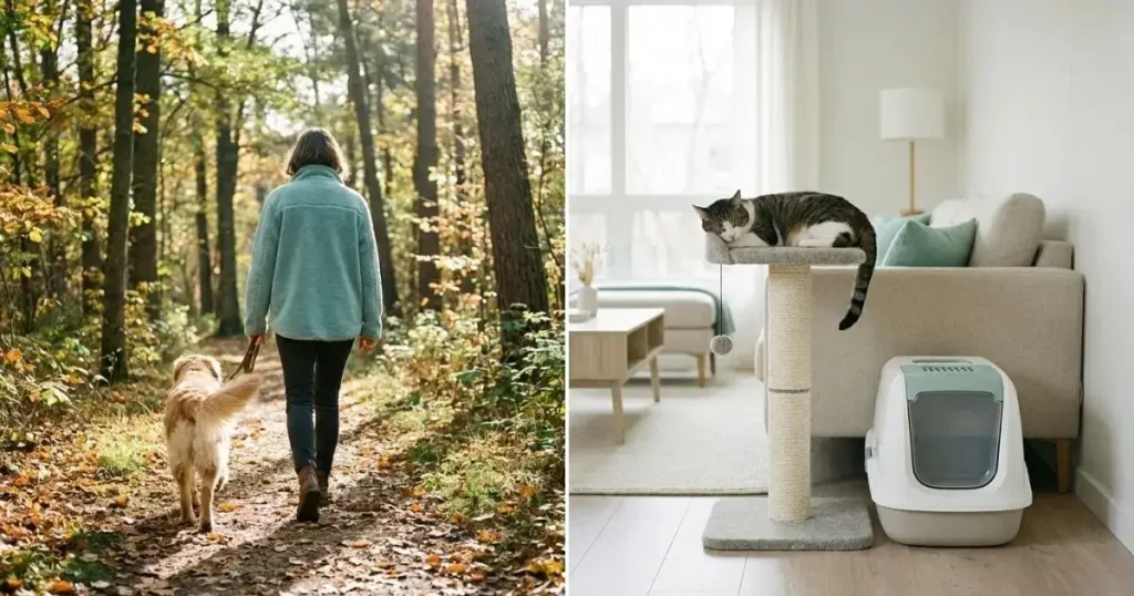 dog vs cat daily care comparison showing outdoor dog walk and indoor cat routine