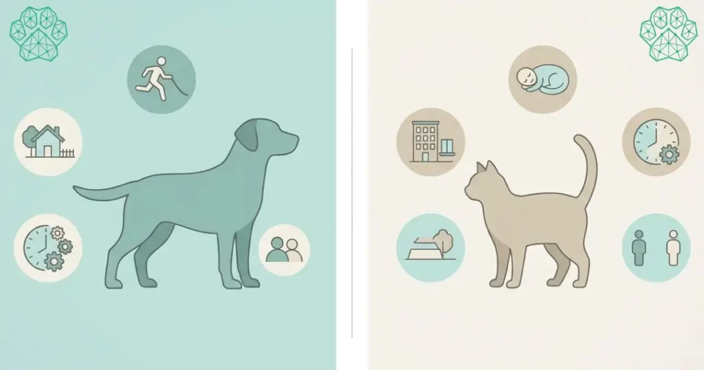 dog vs cat lifestyle comparison illustration showing key differences