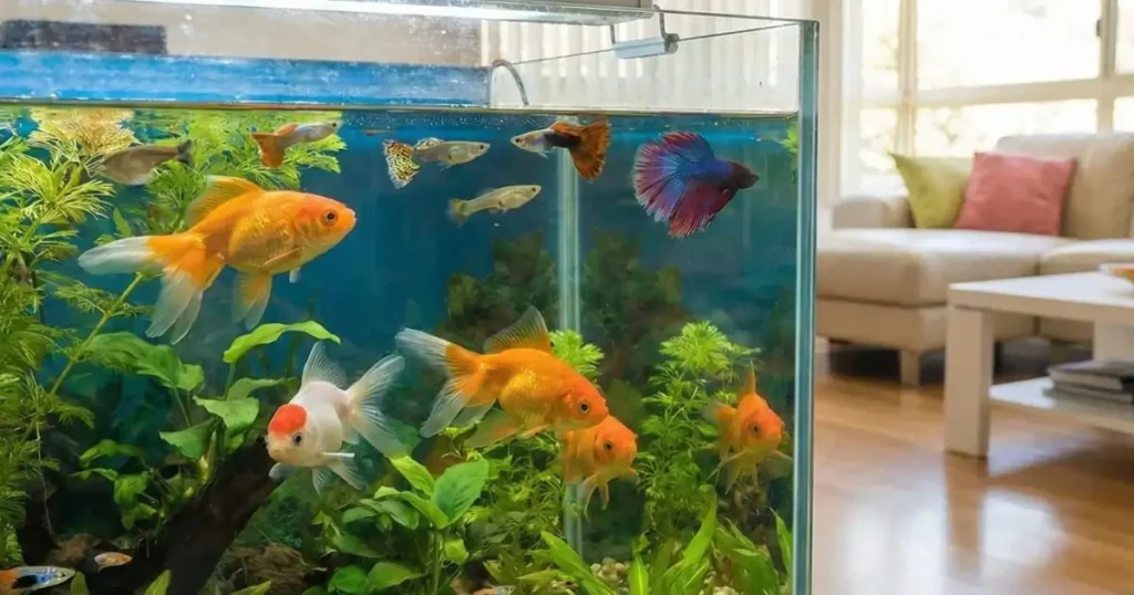 home aquarium with colorful fish beginner pet fish setup