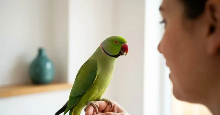 indian ringneck parrot talk interaction with owner showing speaking behavior