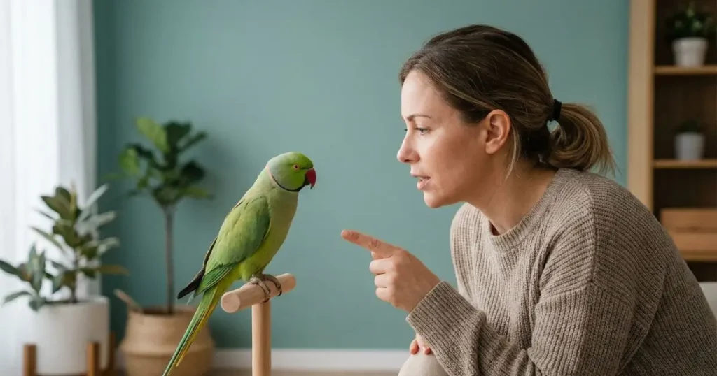 indian ringneck parrot talk training with owner teaching bird to speak