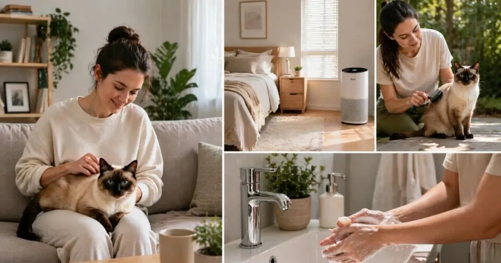 brushing siamese cat to reduce allergic reactions