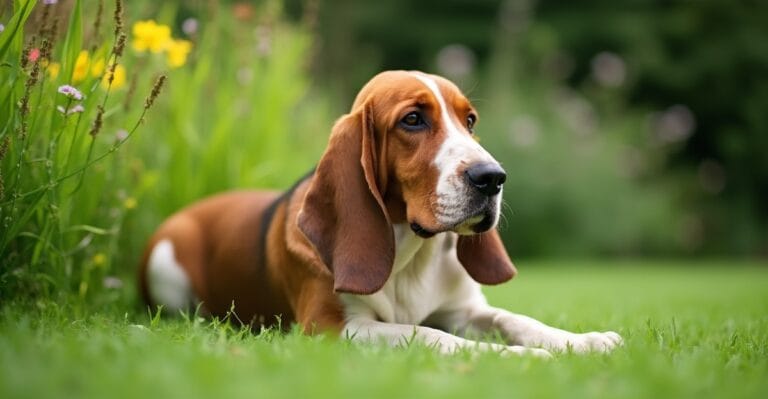 A Basset Hound lounging in a sunlit garden, showcasing its long ears and relaxed demeanor.