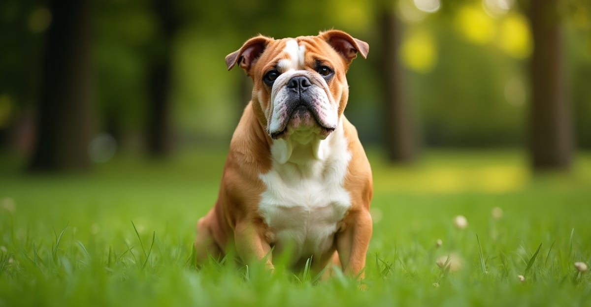 A Bulldog sitting gracefully in a sunlit park setting