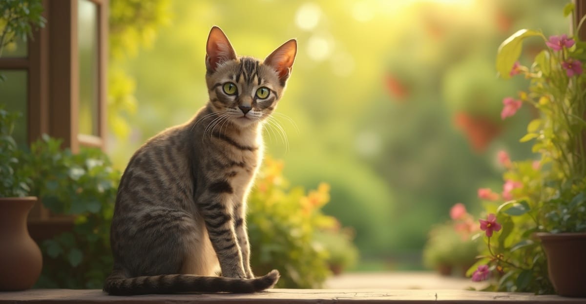 A Manx cat sitting gracefully in a sunlit garden, showcasing its round body and short tail.