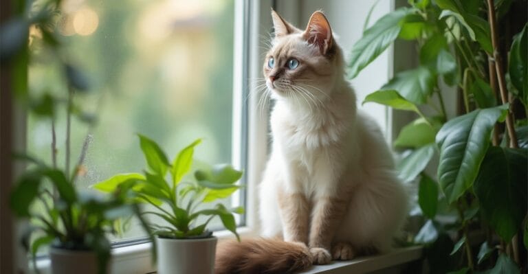 Birman cat with striking blue eyes and soft cream coat in a natural portrait setting