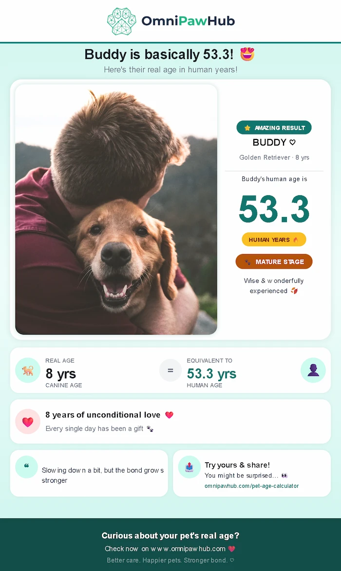 Pet age calculator share card showing Buddy the Golden Retriever at 53.3 human years — Mature stage