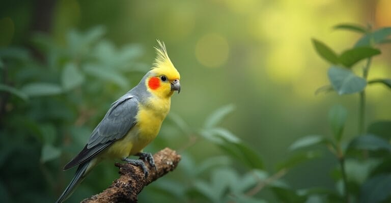 A Cockatiel perched on a natural wood branch with vibrant plumage.