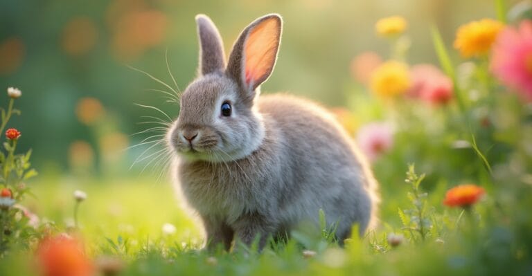 A Dwarf Rabbit in a lush garden setting