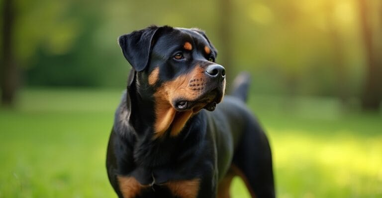 A majestic Rottweiler in a lush green park setting, showcasing its strong build and distinctive coat.
