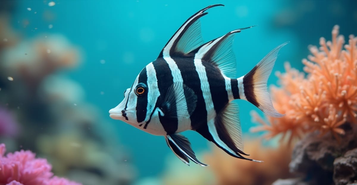 A Banggai Cardinalfish swimming gracefully in a vibrant coral reef environment.