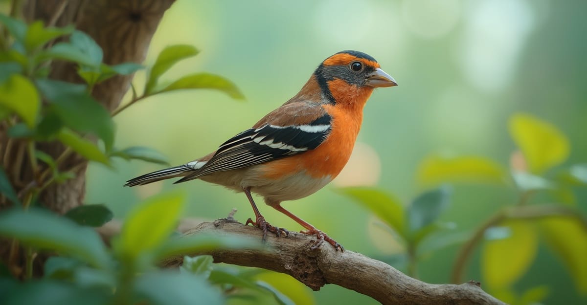 Zebra Finch perched on a natural wood branch in a vibrant garden setting