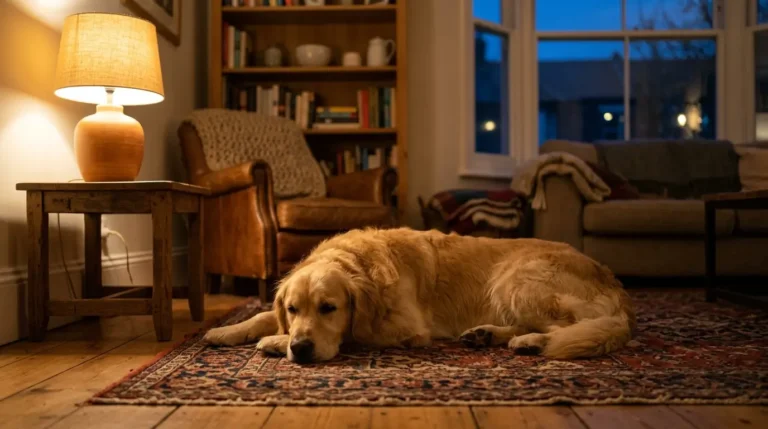 calm golden retriever lying comfortably