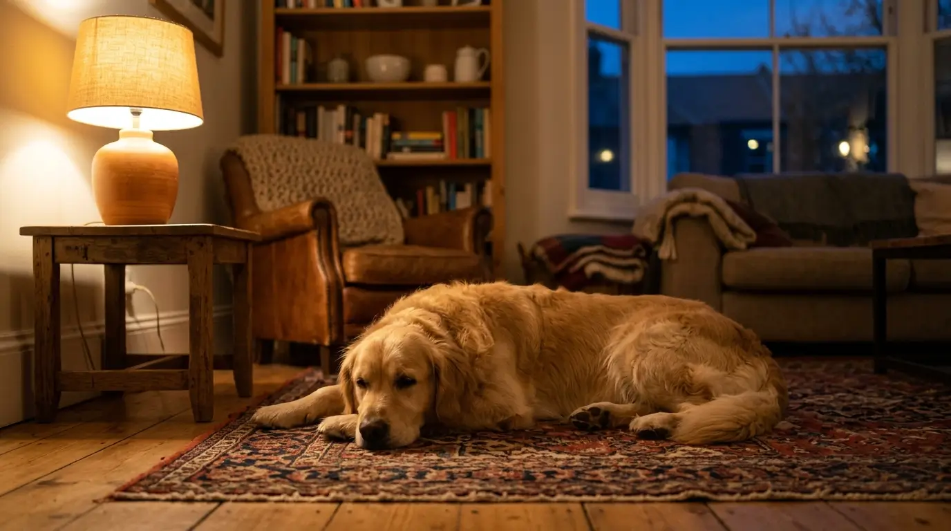 calm golden retriever lying comfortably