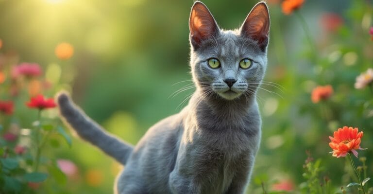 A Korat cat sitting gracefully in a sunlit garden, showcasing its short, silver-blue coat and vivid green eyes.