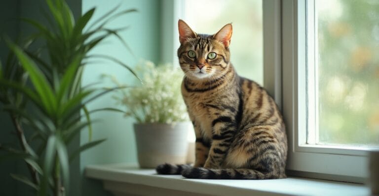 A Toyger cat lounging on a sunlit windowsill, showcasing its distinctive coat pattern and striking eyes.