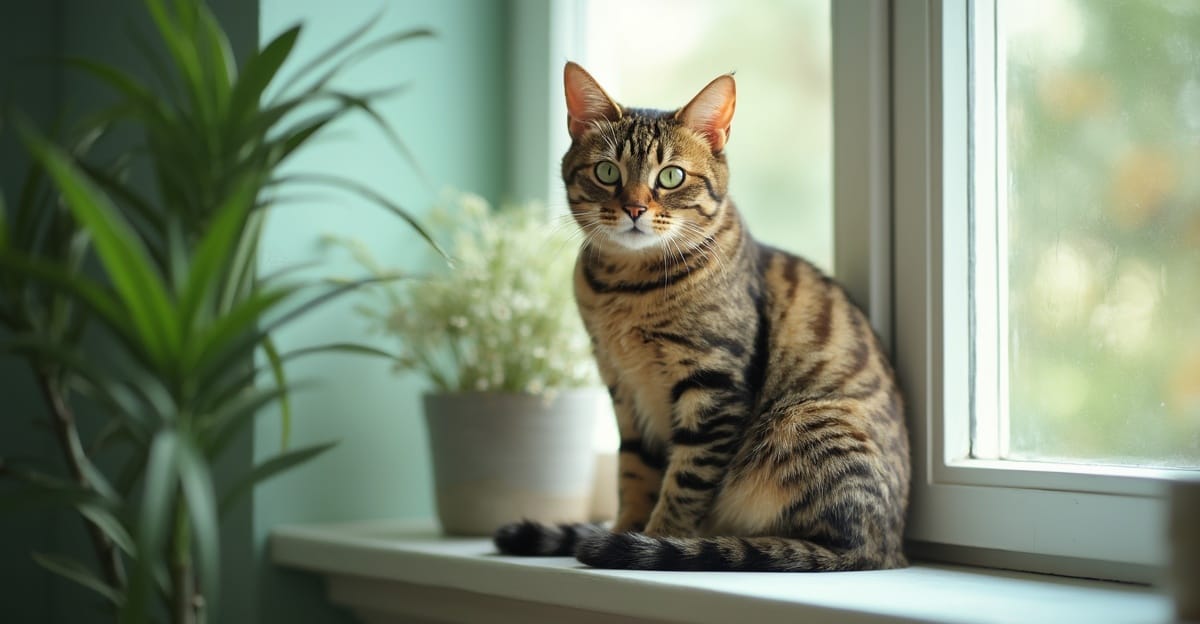 A Toyger cat lounging on a sunlit windowsill, showcasing its distinctive coat pattern and striking eyes.