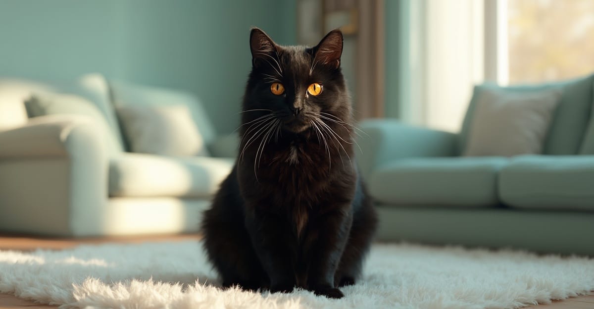 Portrait of a Bombay cat with sleek black coat and copper eyes in a sunlit living room