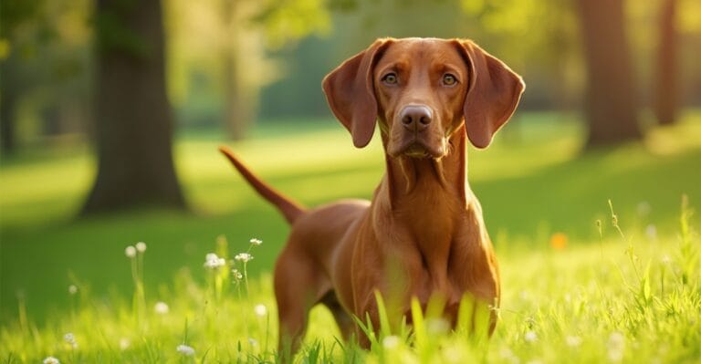 A Vizsla dog with a sleek rust-colored coat sitting gracefully in a sunlit park