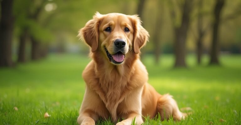 Golden Retriever sitting gracefully in a sunlit park
