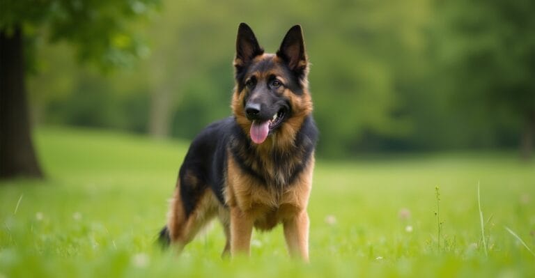A majestic German Shepherd standing proudly in a sunlit park