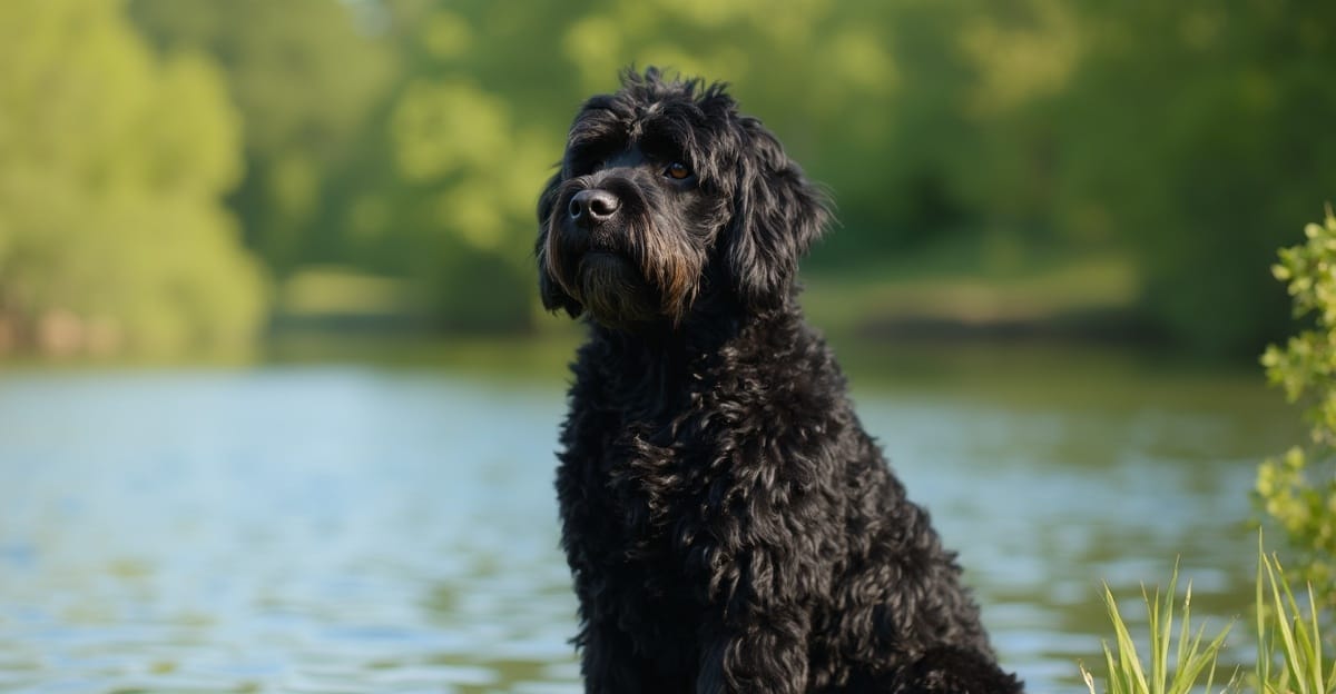 A Portuguese Water Dog with a wavy, curly black coat sitting gracefully by a serene lake.
