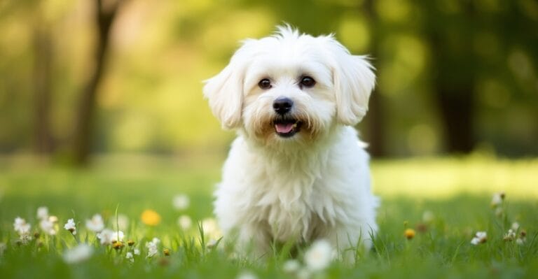 A Maltese dog in a natural portrait setting, showcasing its long, silky white coat and small build.