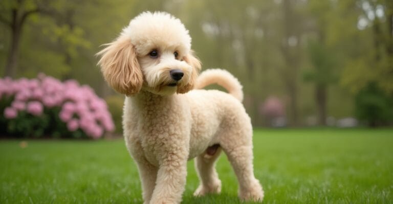 A Poodle in a natural park setting, showcasing its elegant coat and poise.