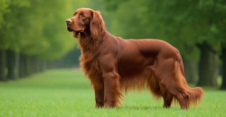 Irish Setter in a lush green park, showcasing its elegant build and rich mahogany coat.