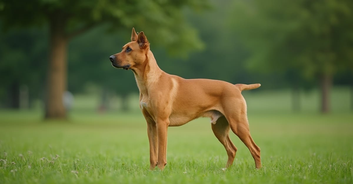 A majestic Rhodesian Ridgeback standing proudly in a lush green park.