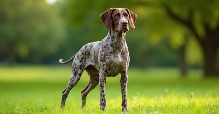 A German Shorthaired Pointer standing proudly in a lush green park.