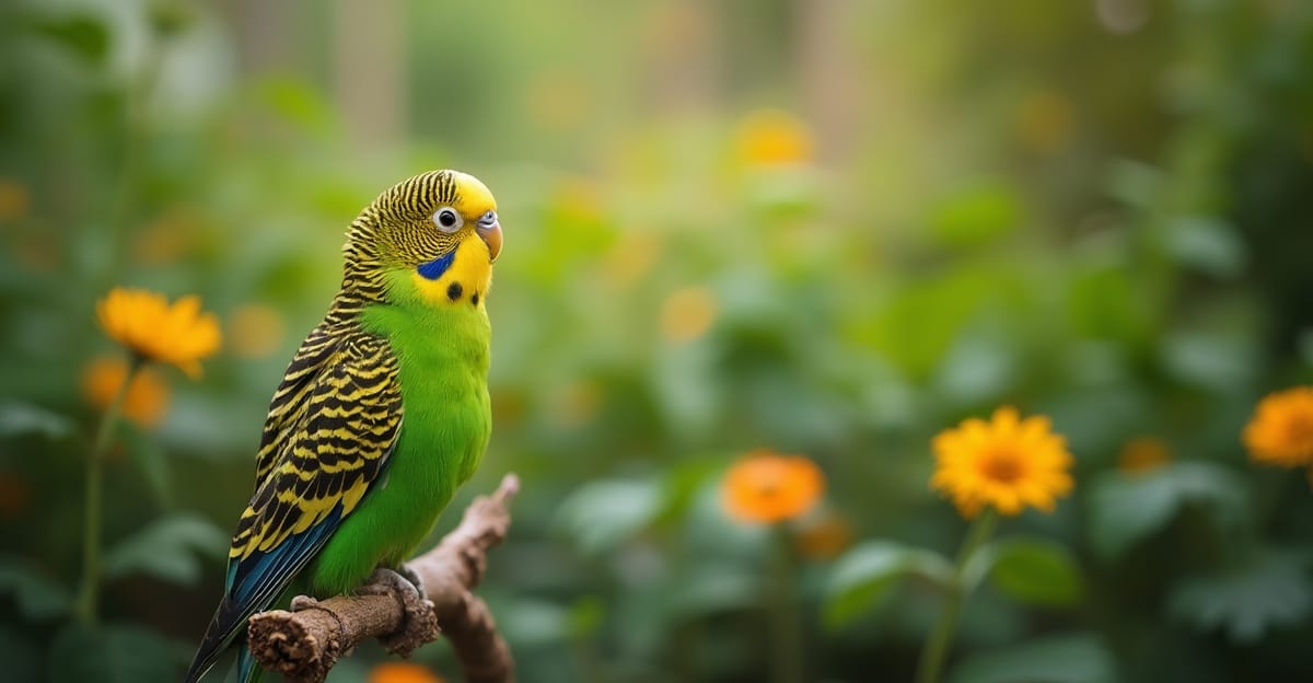 A vibrant Budgerigar perched on a natural wood branch in a garden setting.