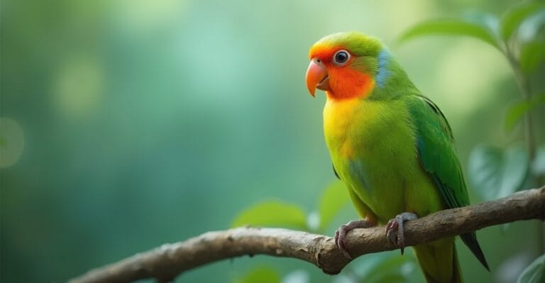 A colorful Lovebird perched on a natural wood branch in a sunlit garden.