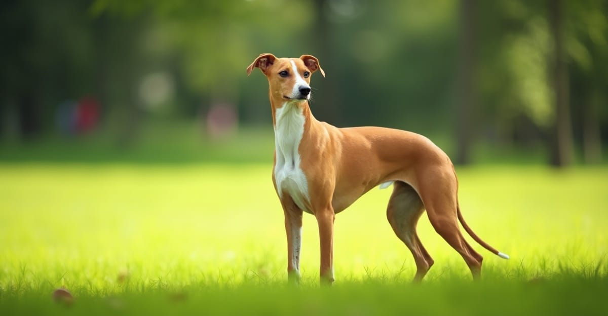 A Whippet dog in a natural portrait setting at a park