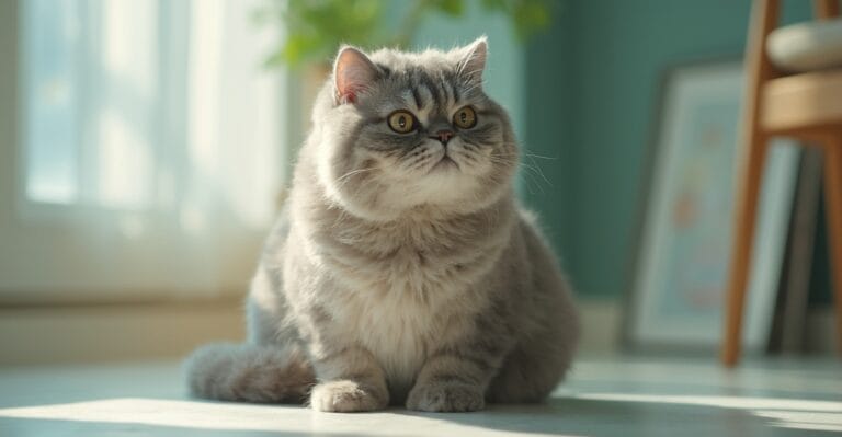 A Scottish Fold cat in a serene indoor setting, showcasing its unique folded ears and gentle demeanor.