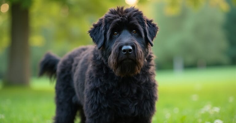 Black Russian Terrier in a park setting, showcasing its majestic coat and build